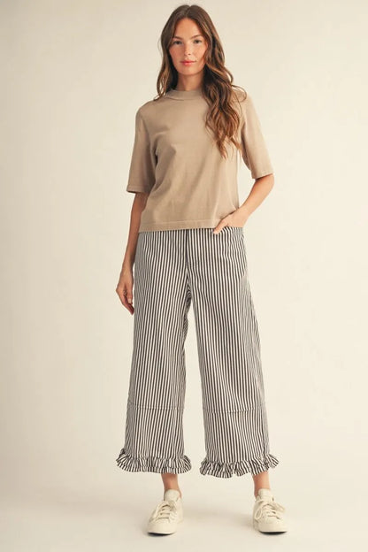 Jodifl-Wide leg stripe casual pants with ruffle hem.