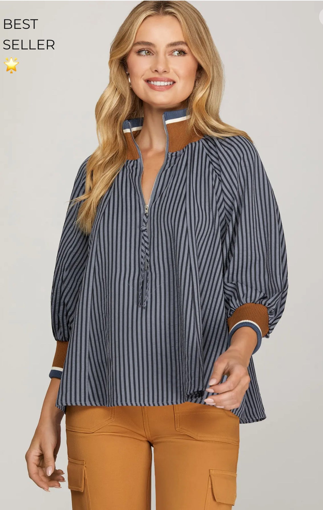 3/4 Sleeve Half Zip Striped Top Blouse - Talk of the Town