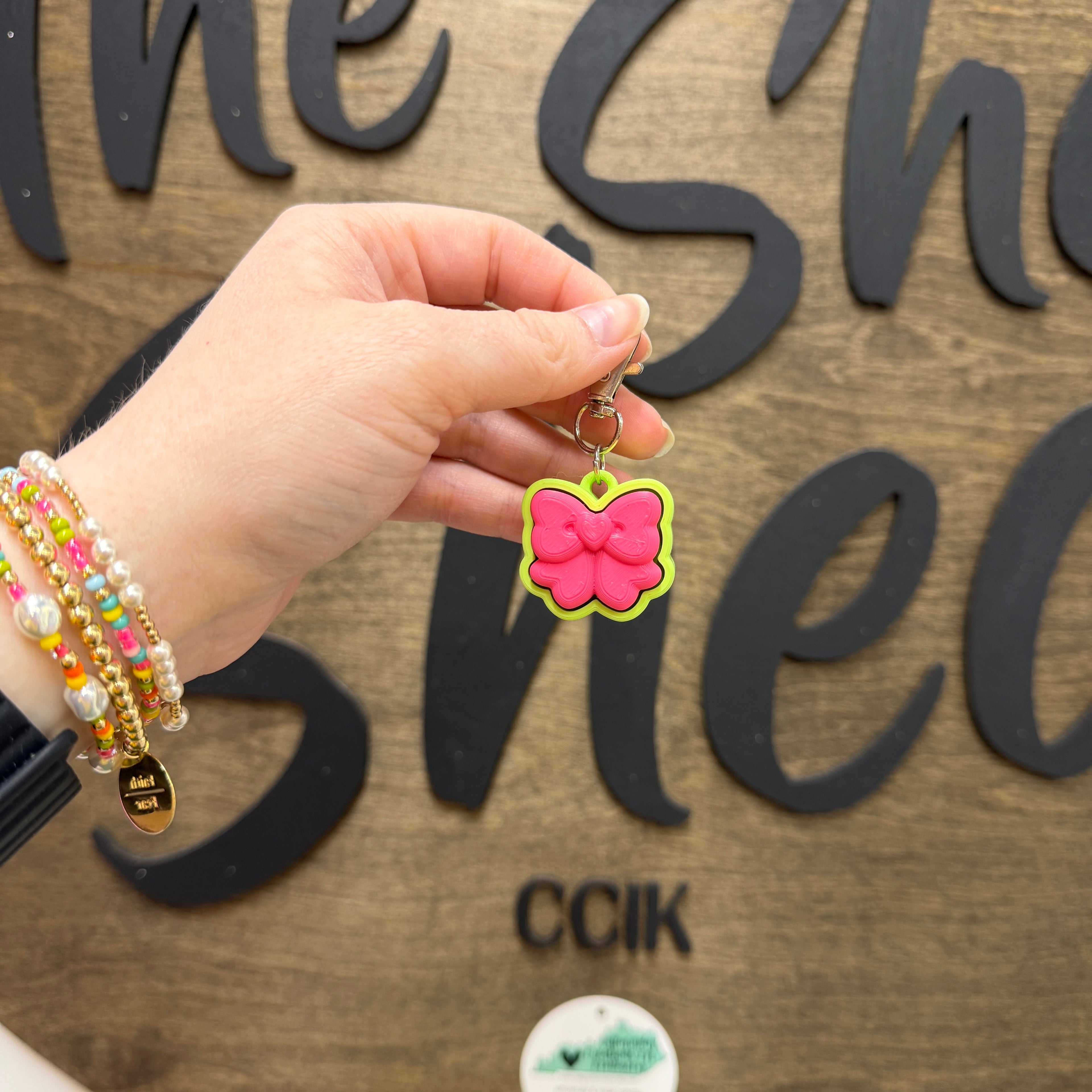 Hot Pink/Apple Green Bow Fidget Clicker Keychain