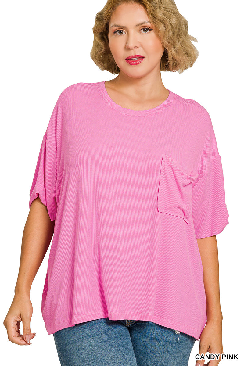 Zenana-PLUS OVERSIZED RIBBED ROUND NECK SHORT SLEEVE TEE