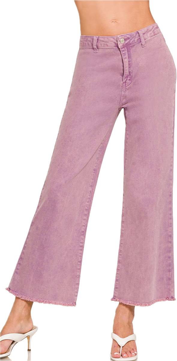 Zenana Acid Washed High Waist Frayed Wide Pants