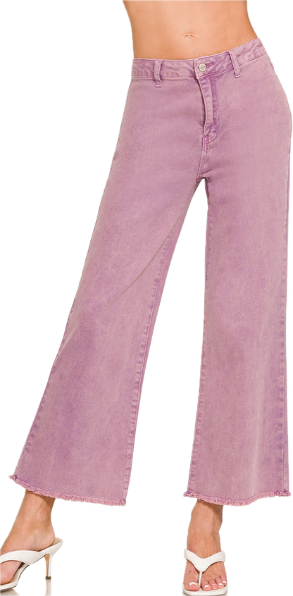 Zenana Acid Washed High Waist Frayed Wide Pants