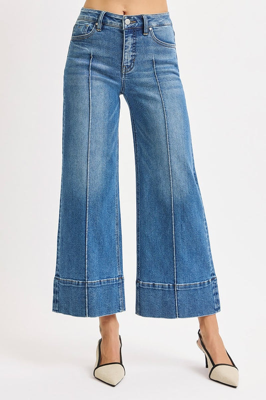 Risen Tummy Control Mid Rise Crop Wide Pintuck Front Jeans