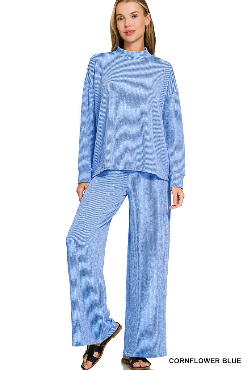 Zenana-RAISED RIB MOCK NECK LONG SLEEVE TEE & PANTS SET