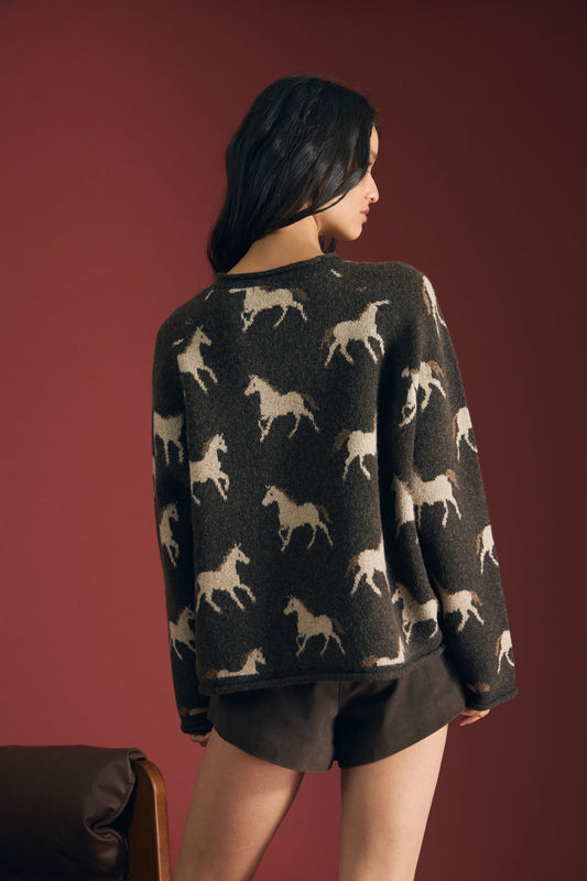 Blu Pepper-HORSE JACQUARD RAW TRIM LONG SLEEVE KNIT SWEATER