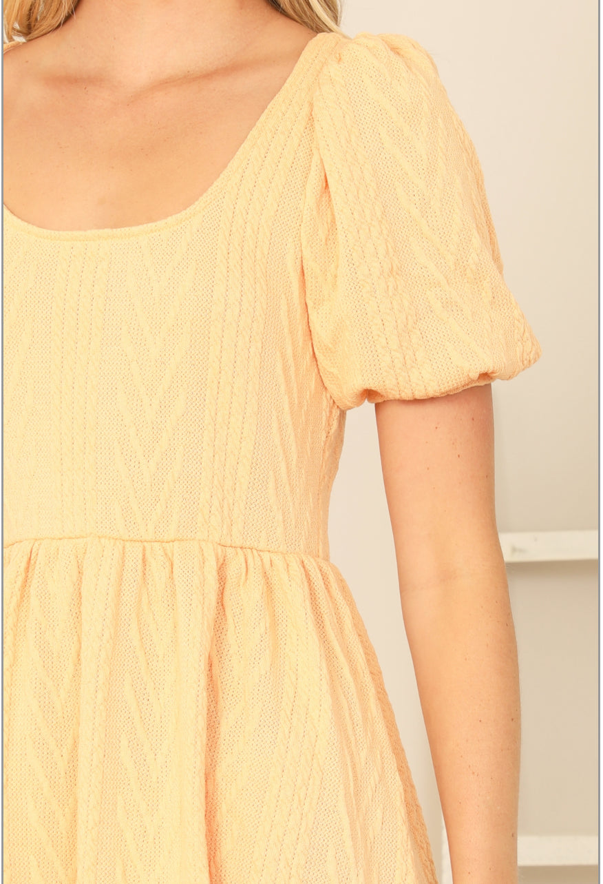 Pale Yellow Scoop Neck Ribbon Back Textured Solid Dress | USA Boutique Style