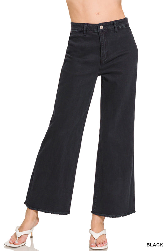 Zenana ACID WASHED FRAYED CUTOFF HEM STRAIGHT WIDE PANTS