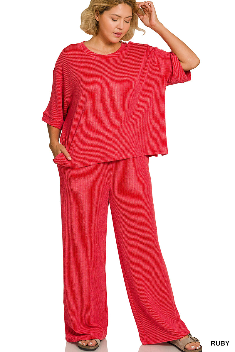 PLUS-Zenana RAISED RIB SHORT SLEEVE TEE & PANTS SET