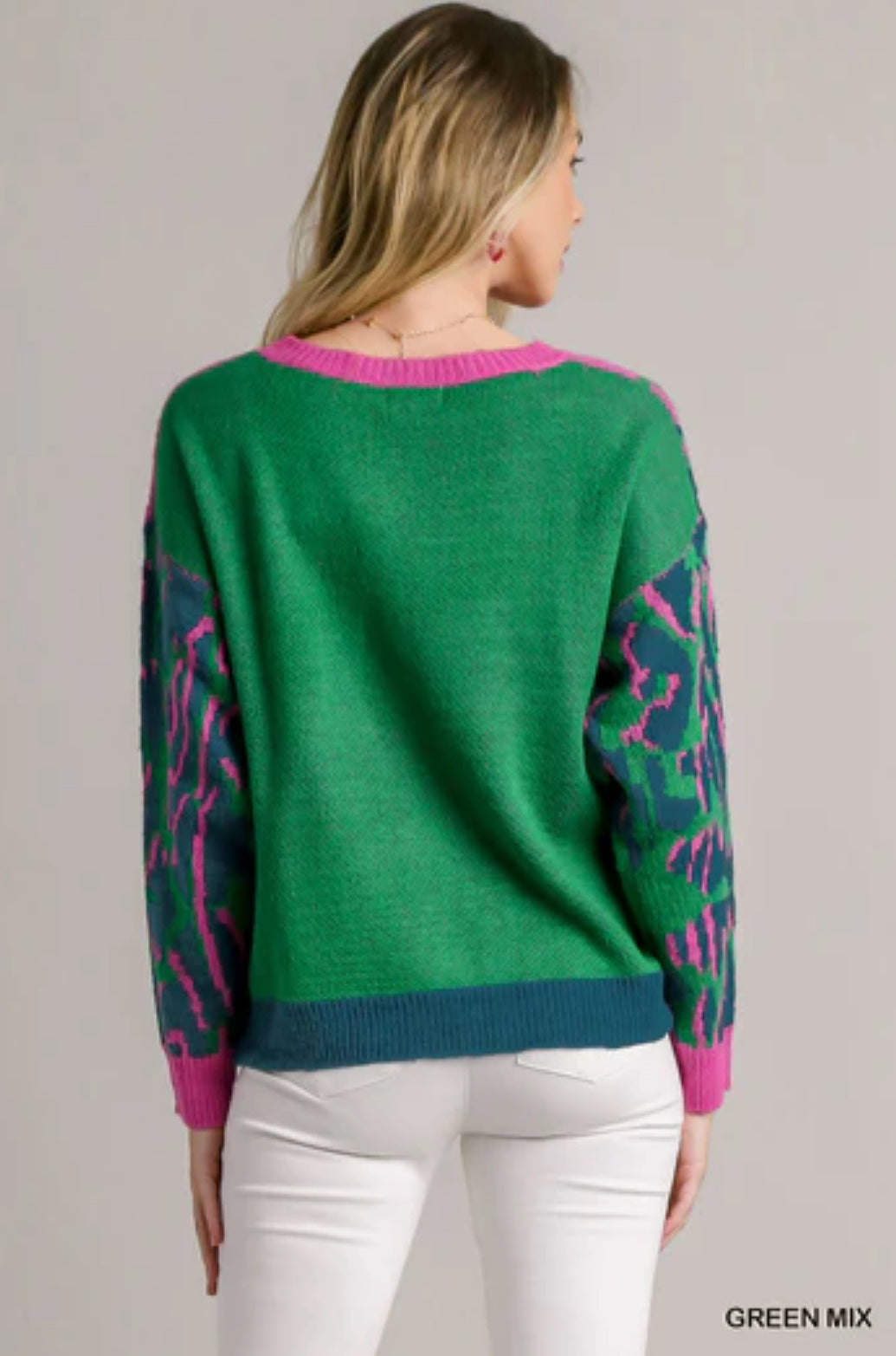 Trendy women’s colorblock sweater back view