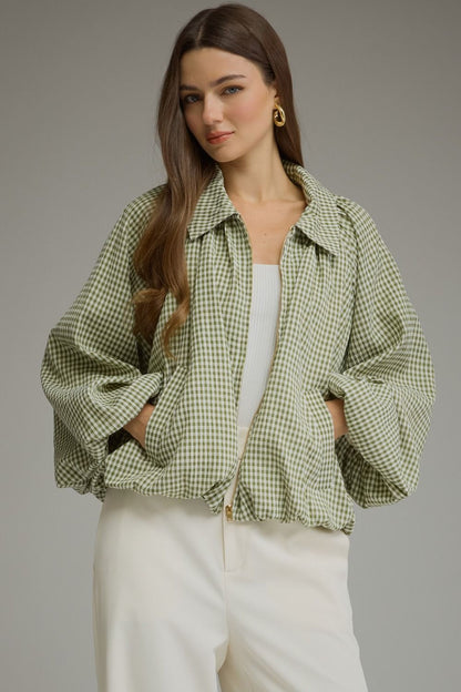 Entro-Gingham long balloon sleeve jacket.