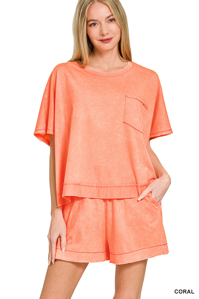 Zenana- ACID WASHED OVERSIZED TOP & SHORTS SET