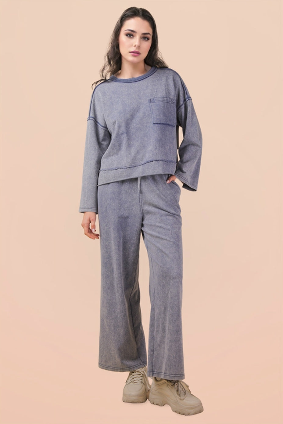 Mineral washed knit lounge set for women
