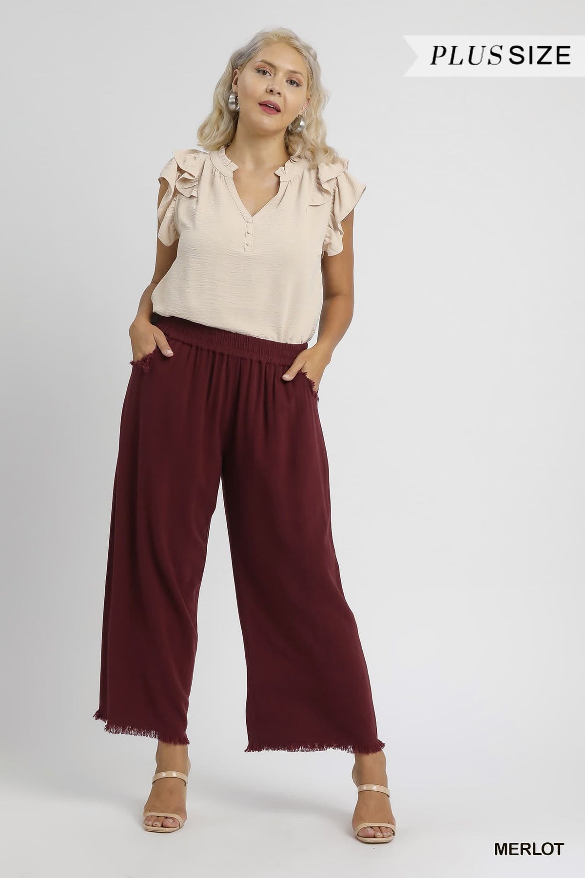 Plus Size Umgee Frayed Hem Wide Leg Pants