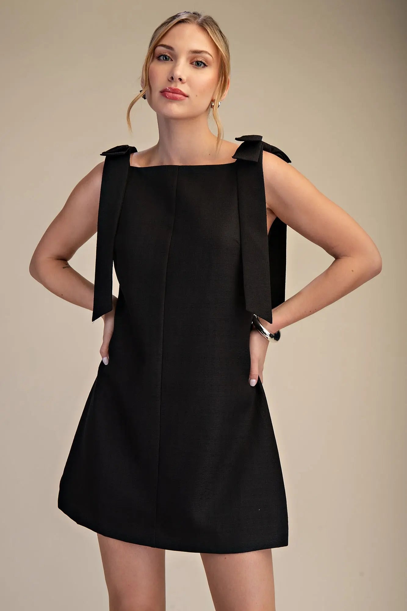 Glam Straight Neckline Bow Mini Dress