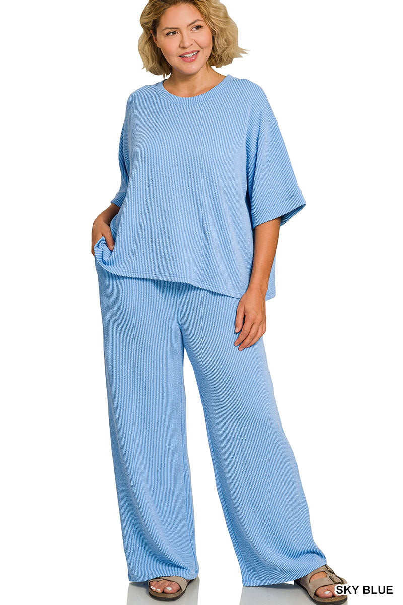 PLUS-Zenana RAISED RIB SHORT SLEEVE TEE & PANTS SET