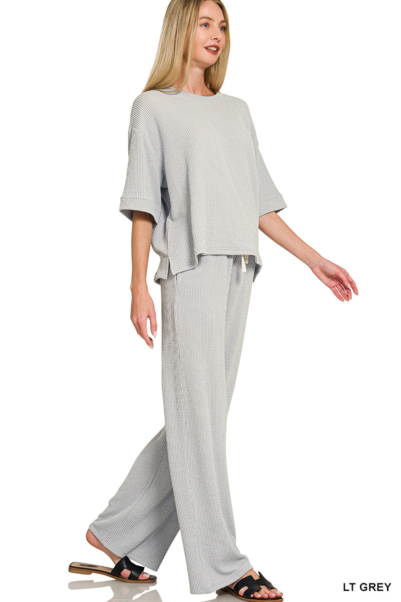 Zenana-RAISED RIB SHORT SLEEVE TEE & PANTS SET