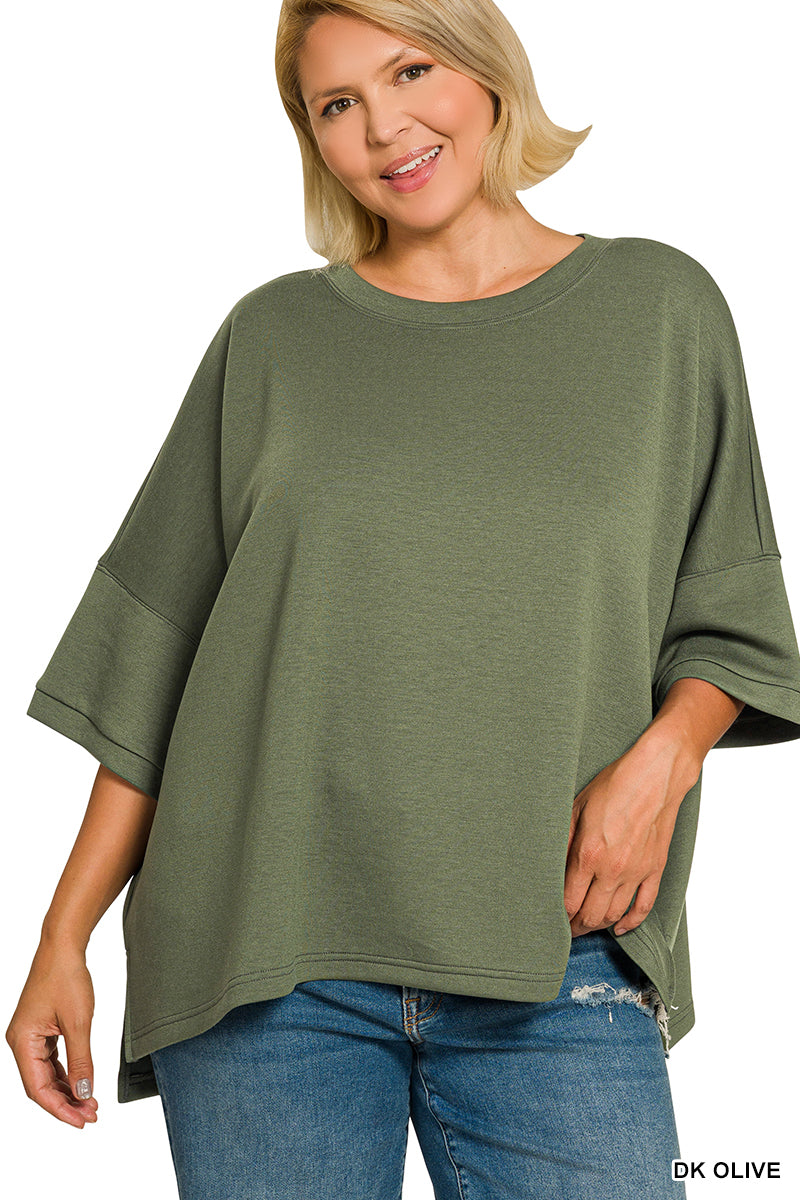 Plus Size- Zenana- PLUS SCUBA ROUND NECK TOP WITH SIDE SLITS