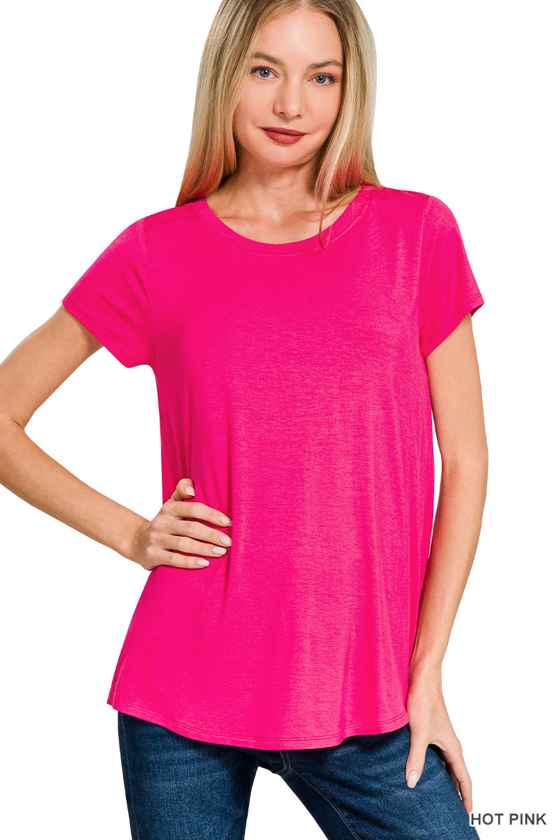 Zenana- FLOWY ROUND HEM RAYON SHORT SLEEVE TOP