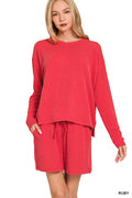 Zenana-RAISED RIB LONG SLEEVE TEE & SHORTS SET