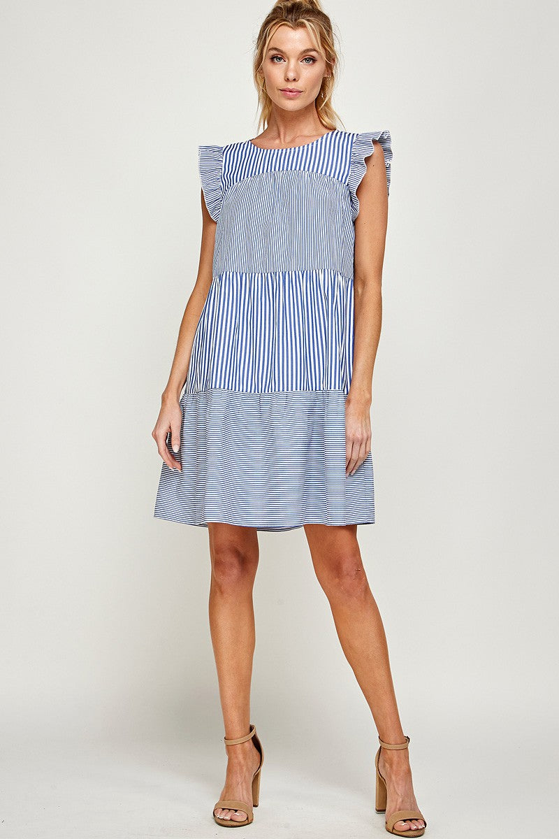 Stripe Print Ruffled Cap Sleeves Short Dress