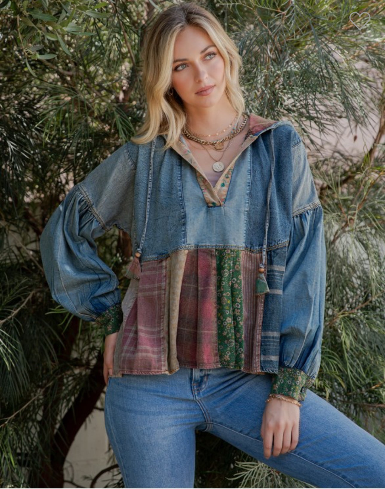 Relaxed Denim Hoodie With Eclectic Plaid Fusion