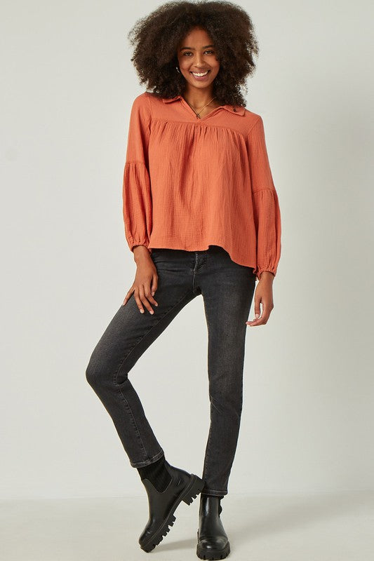 Stitch Detail Open Collar Top