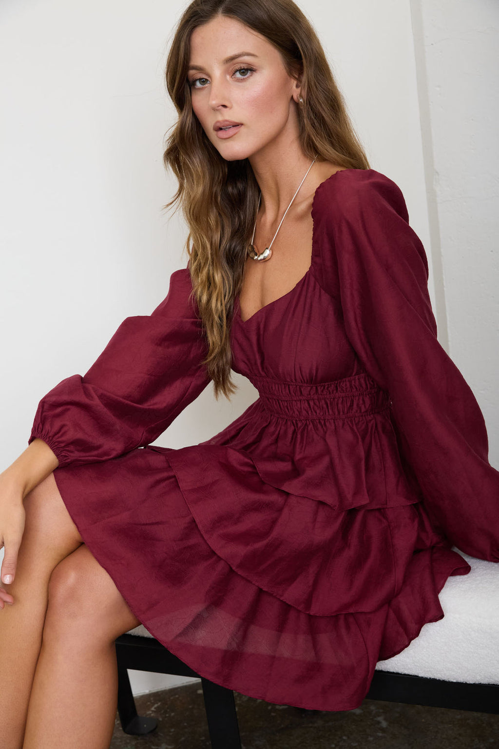 Blu Pepper-SMOCKED BISHOP SLEEVE TIERED MINI DRESS