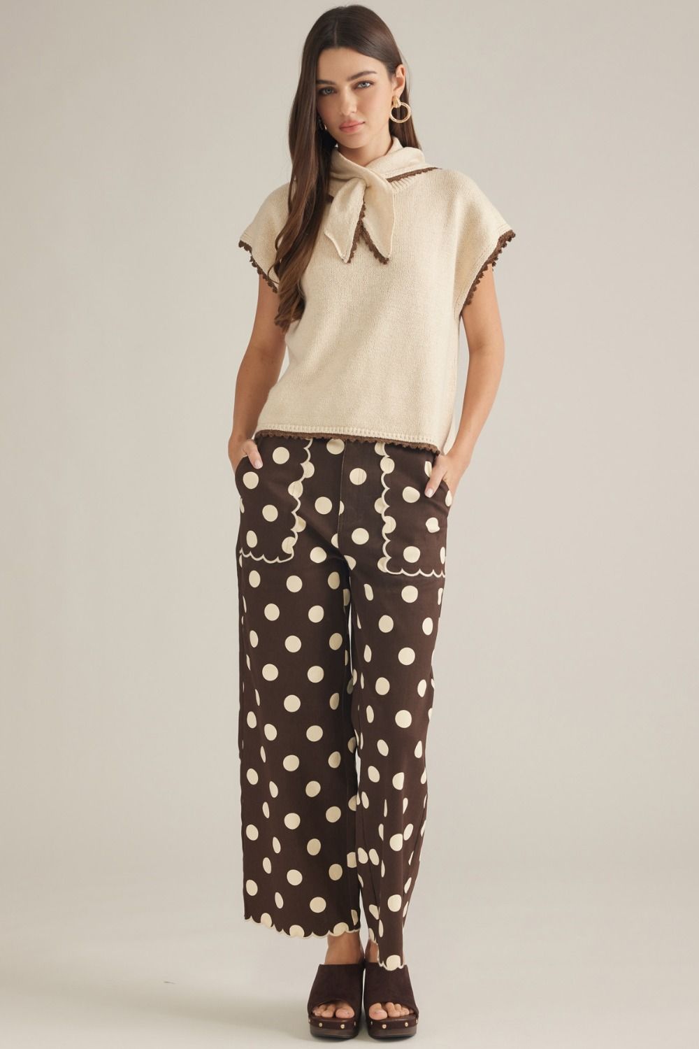 Entro-Polka dot wide leg pants featuring scallop trim.