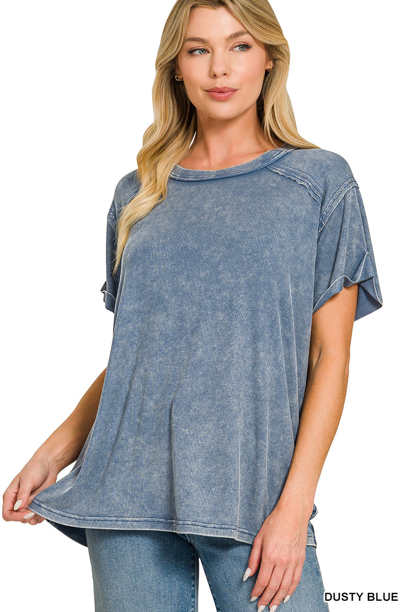 Dusty Blue • Washed Ribbed Boat Neck Top