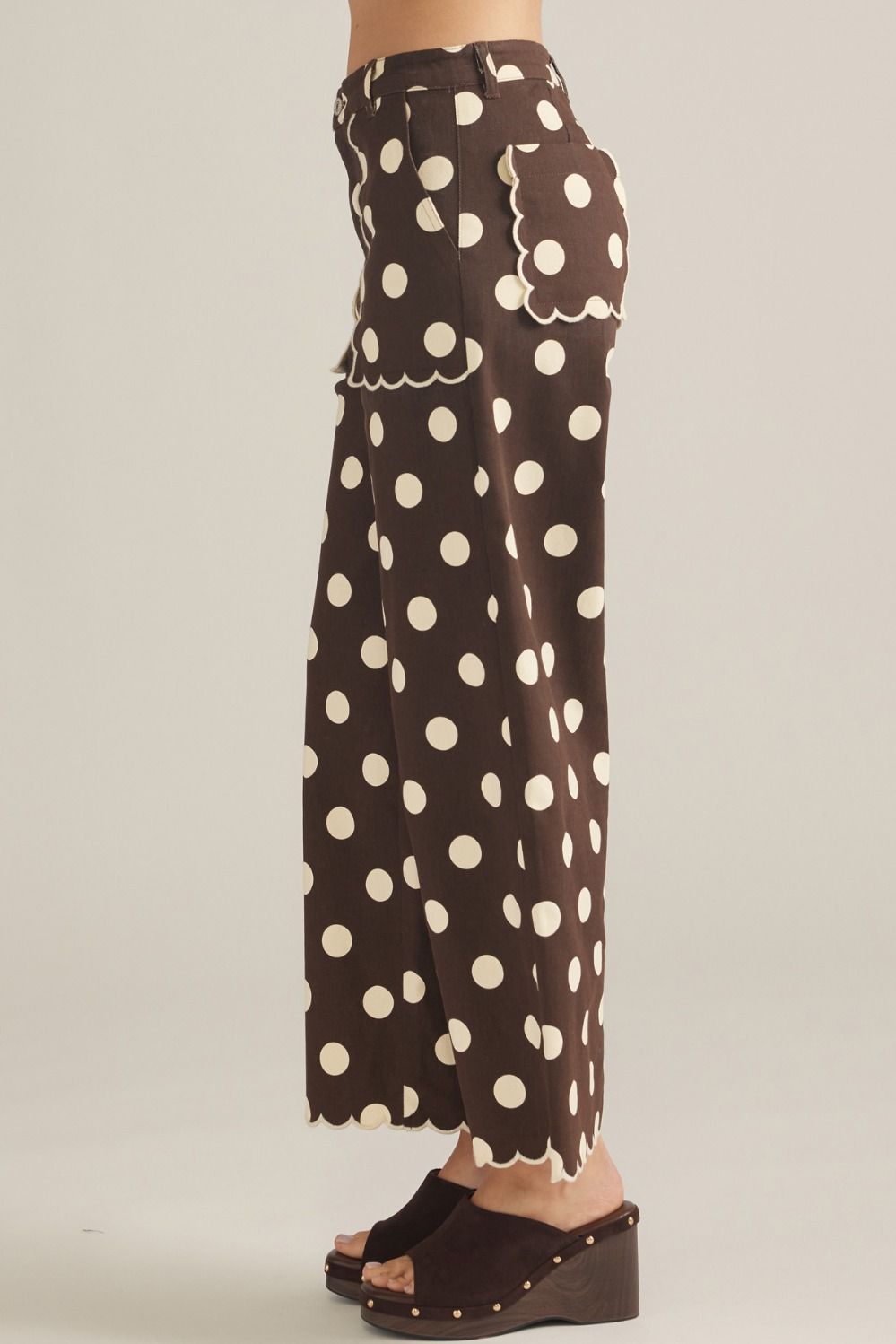 Entro-Polka dot wide leg pants featuring scallop trim.