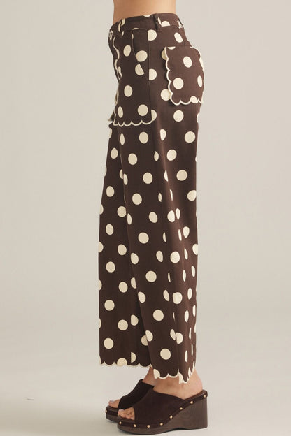 Entro-Polka dot wide leg pants featuring scallop trim.