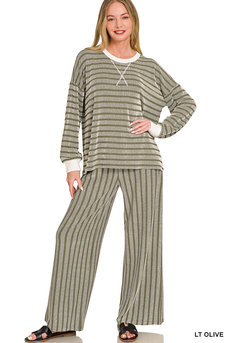 Zenana-RAISED RIB STRIPED PULLOVER & PANTS SET