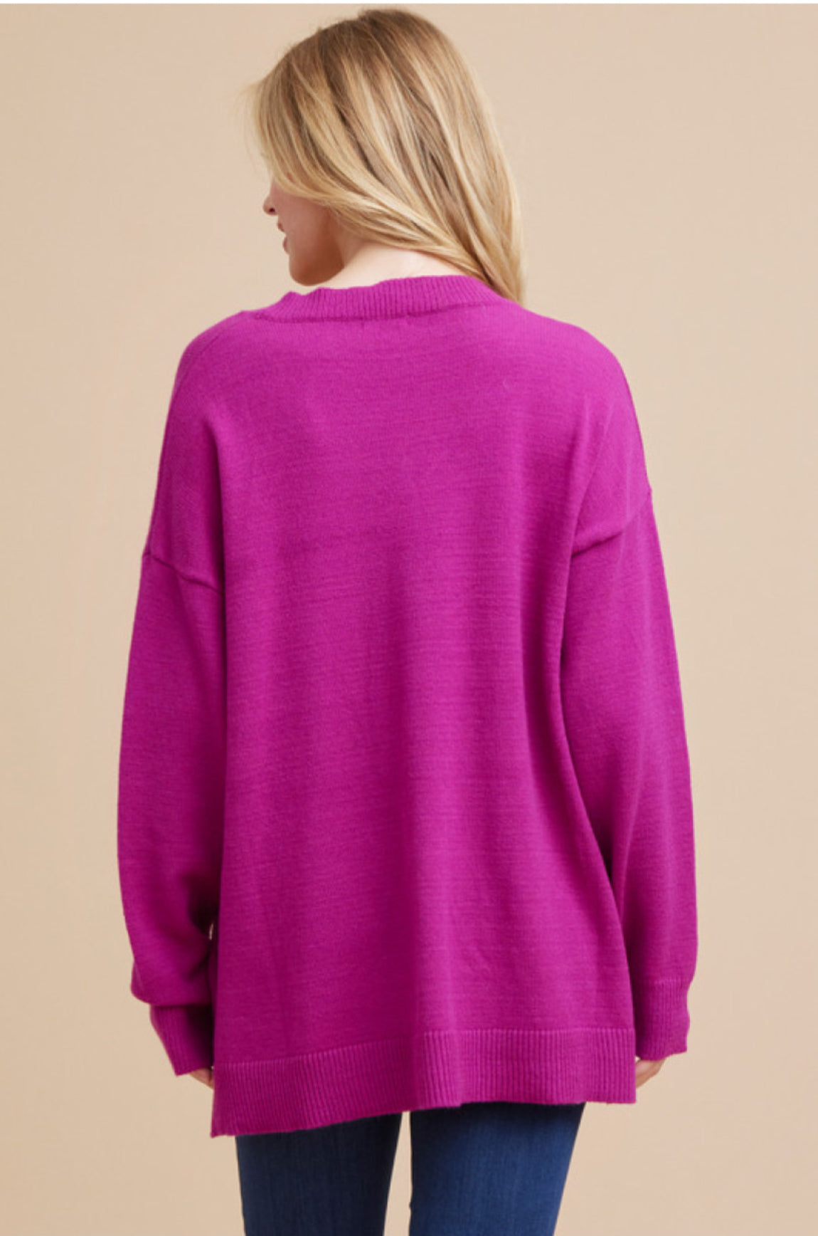 BB-Fuchsia V-neck Drop Shoulder Sweater