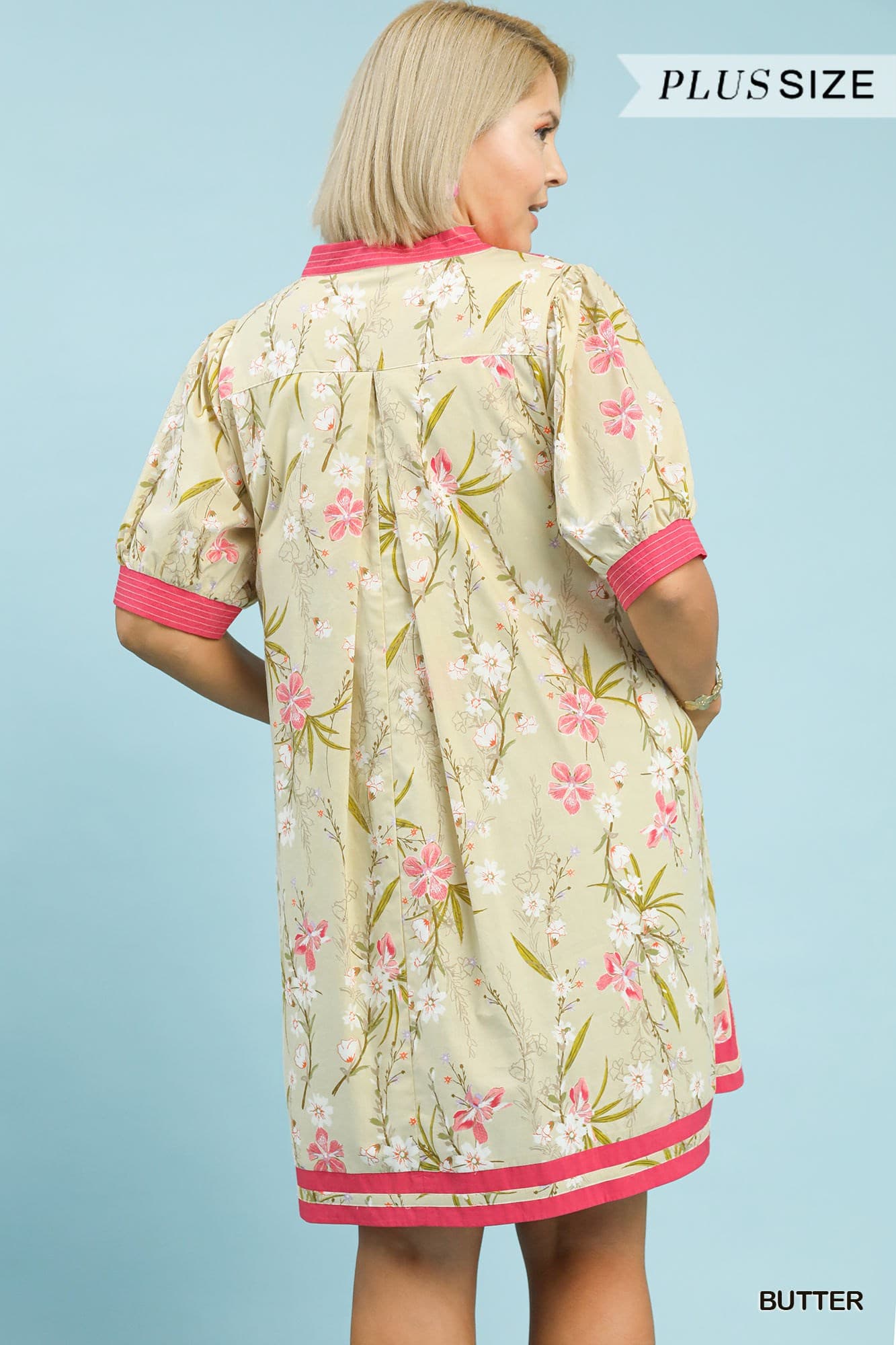Plus Size Umgee Floral Puff Sleeve Dress with Contrast Trim