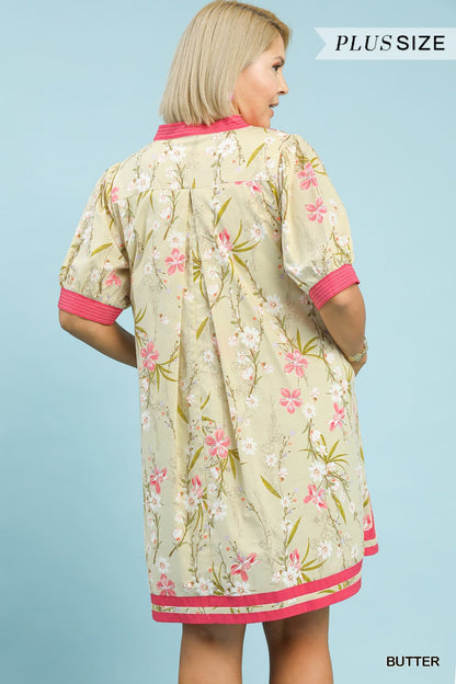 Plus Size Umgee Floral Puff Sleeve Dress with Contrast Trim