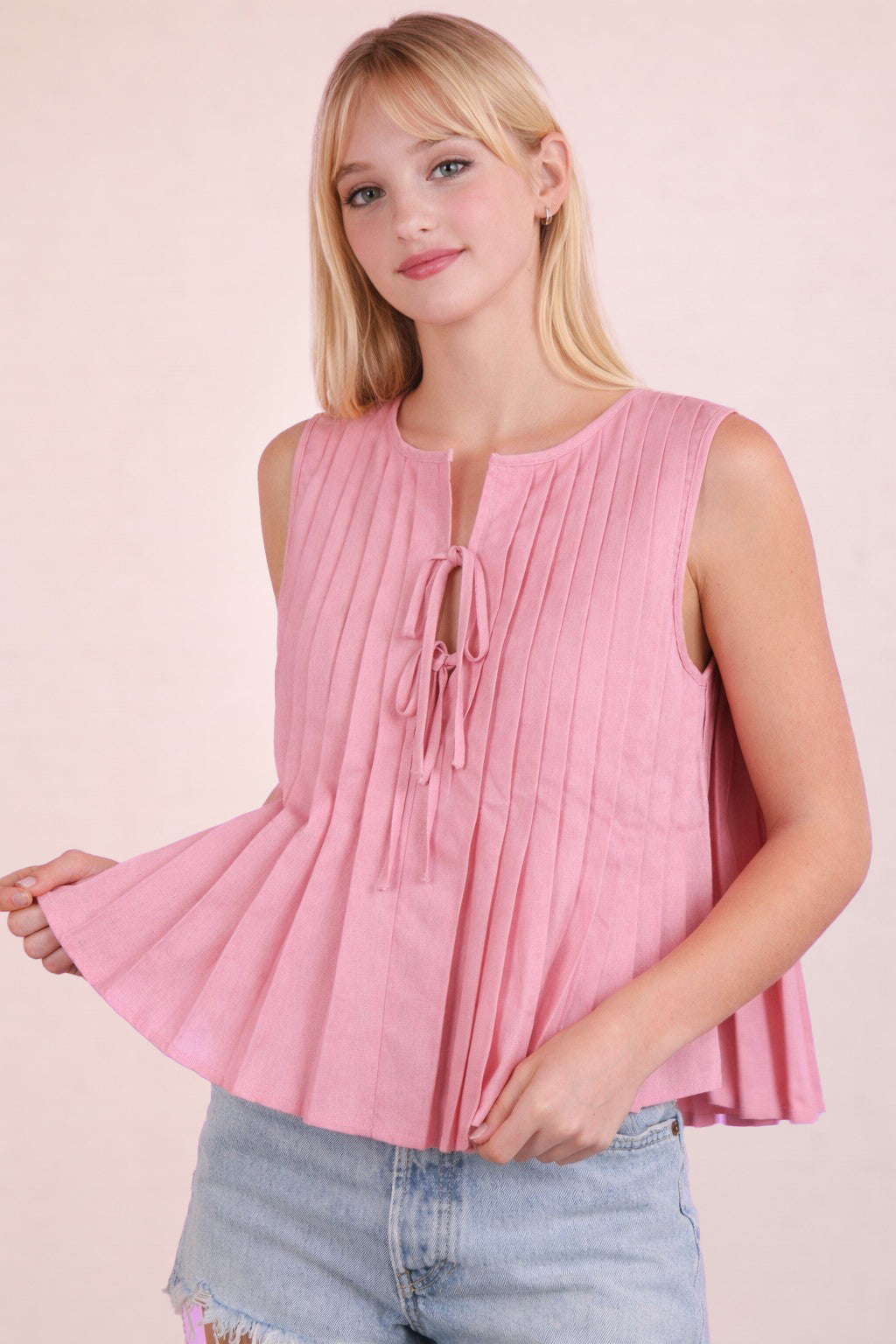 Very J Pleated Woven Blouse Top with Front Tie