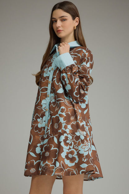 Mocha & Blue Blooms Shirt Dress