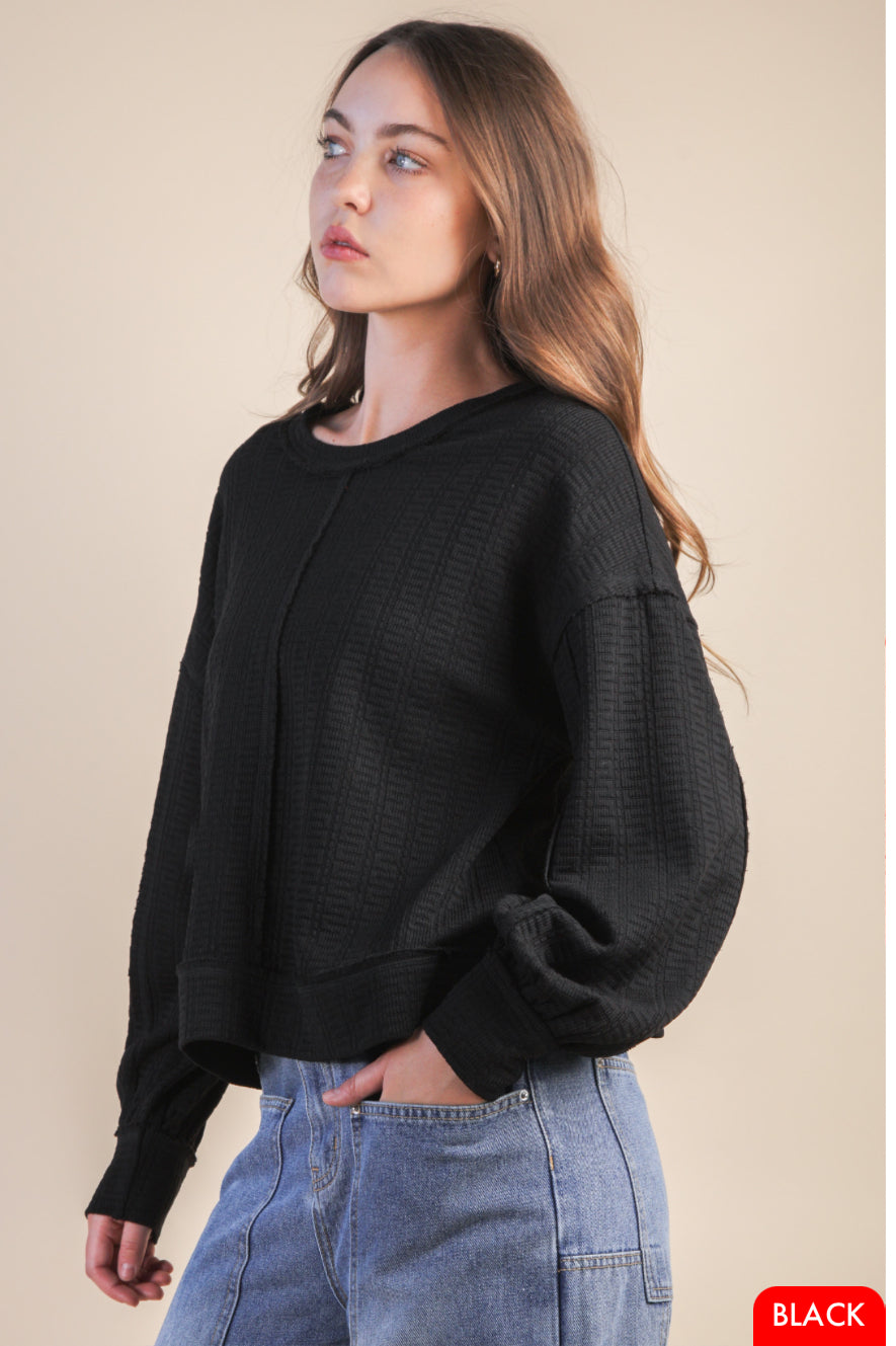 Raw Edge Detail Oversized Textured Knit Top - Talk of the Town