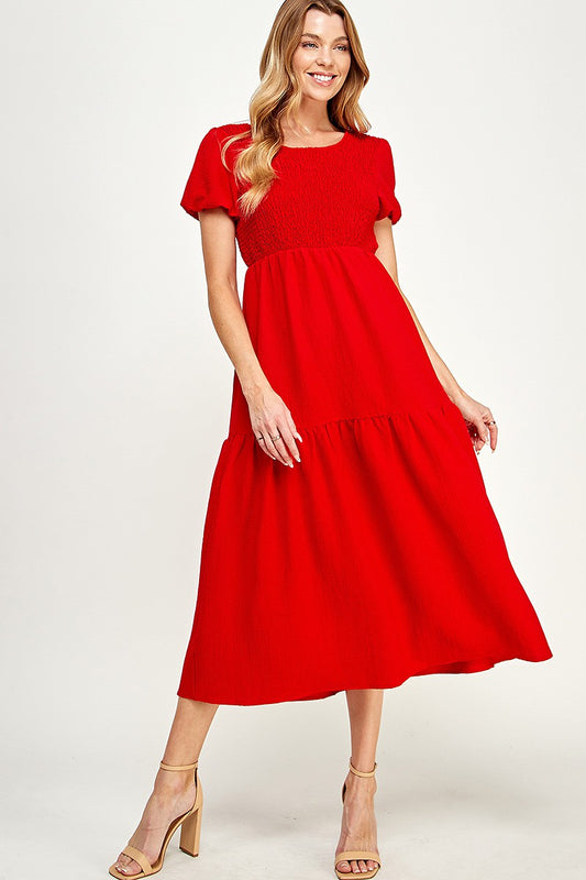 Puff Sleeves Tiered Midi Dress-Red