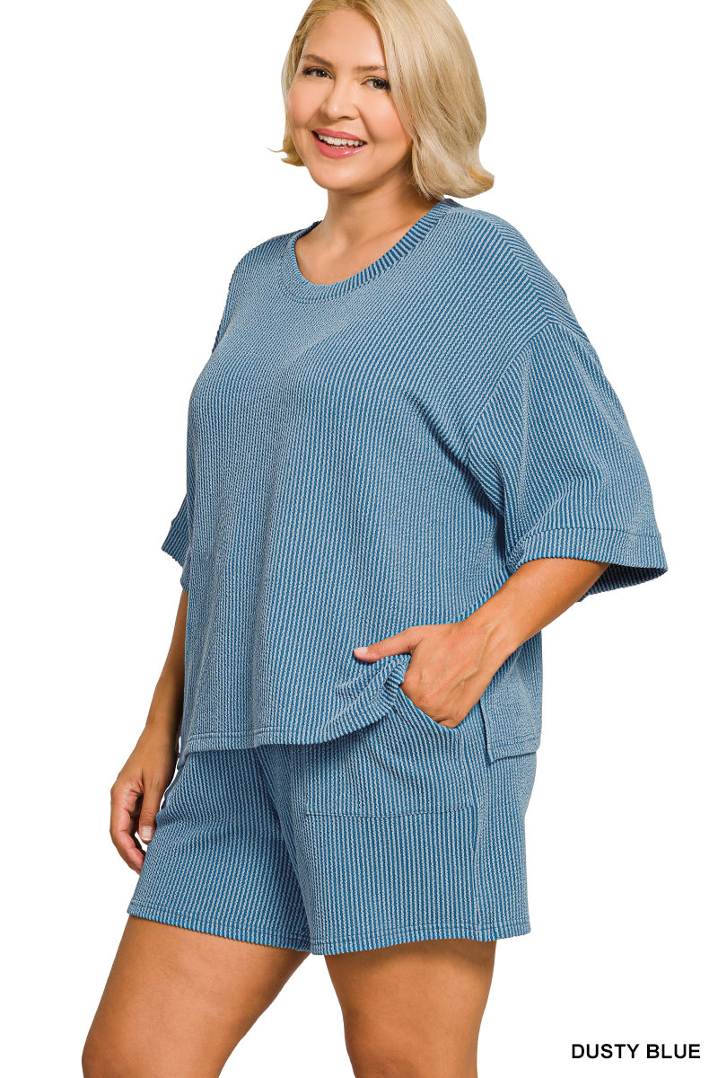 Zenana-PLUS RAISED RIB SHORT SLEEVE TEE & SHORT PANTS SET