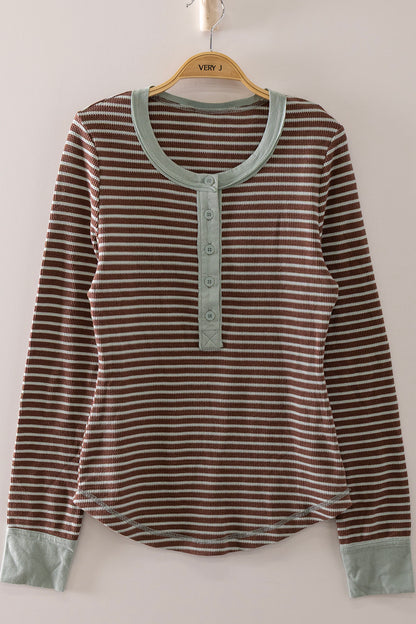 Very J-Striped Ribbed Henley Long Sleeve Top