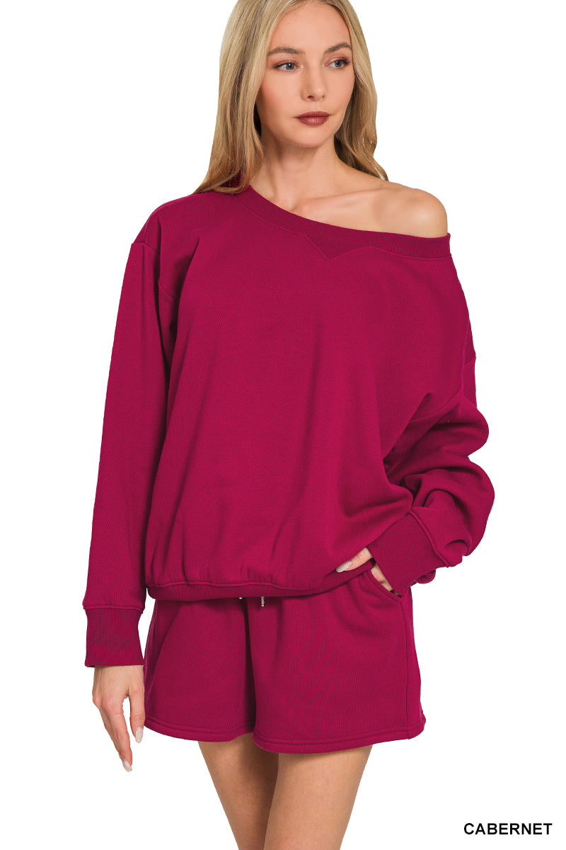 Zenana-FLEECE BOAT NECK SWEATSHIRTS & SHORTS 2PCS SET