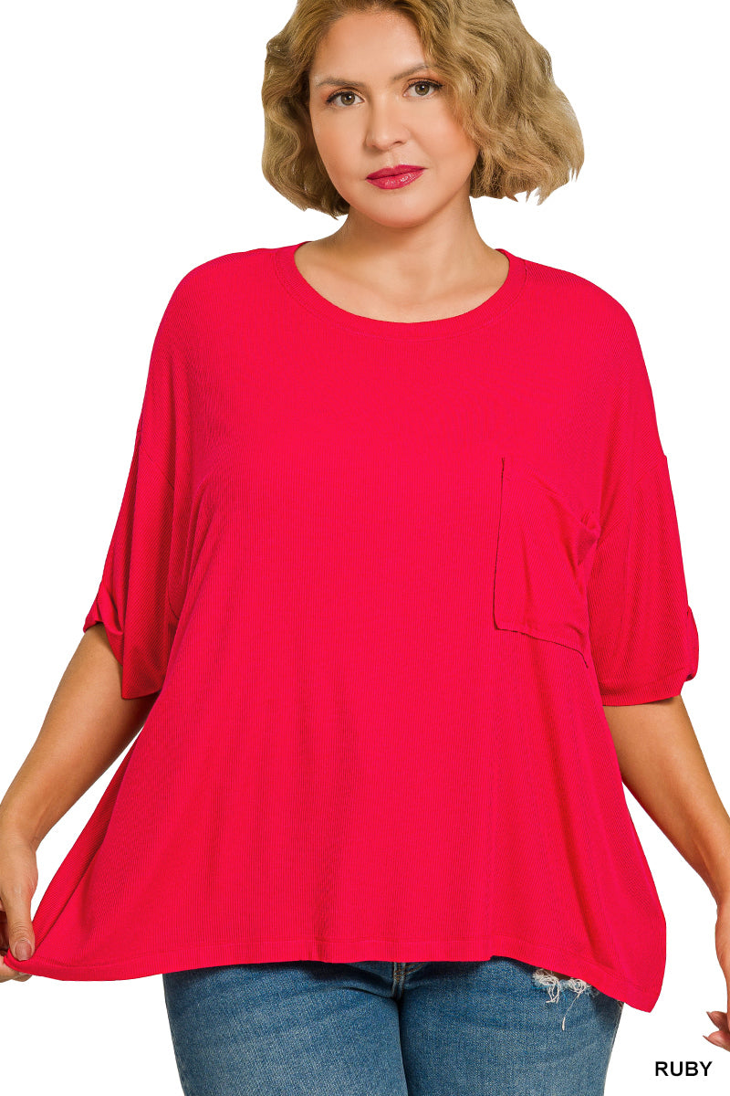 Zenana-PLUS OVERSIZED RIBBED ROUND NECK SHORT SLEEVE TEE