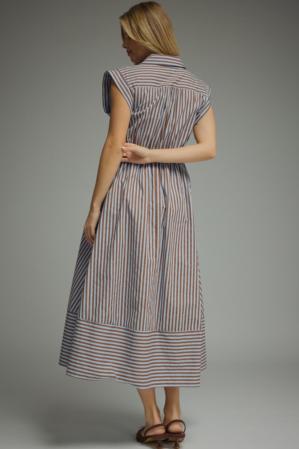 Entro-Striped cap sleeve midi dress.
