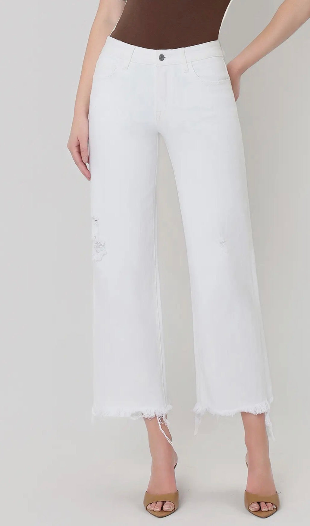 High Rise Uneven Raw Hem Crop Wide Leg Jeans