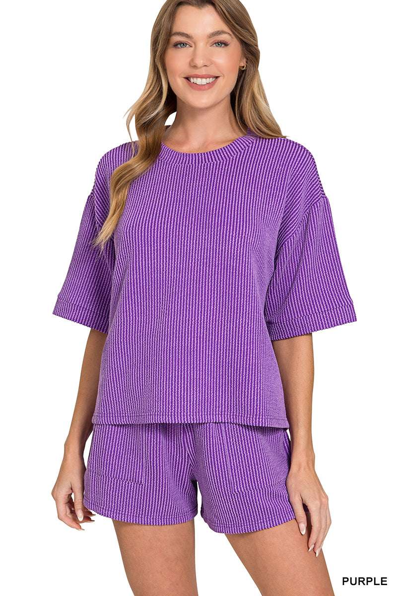 Zenana-RAISED RIB SHORT SLEEVE TEE & SHORT SET