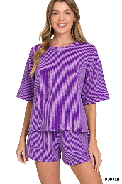 Zenana-RAISED RIB SHORT SLEEVE TEE & SHORT SET