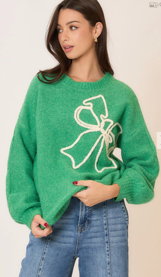 Soft Brushed Embroidered Bow Knit Sweater