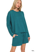 Zenana-RAISED RIB LONG SLEEVE TEE & SHORTS SET