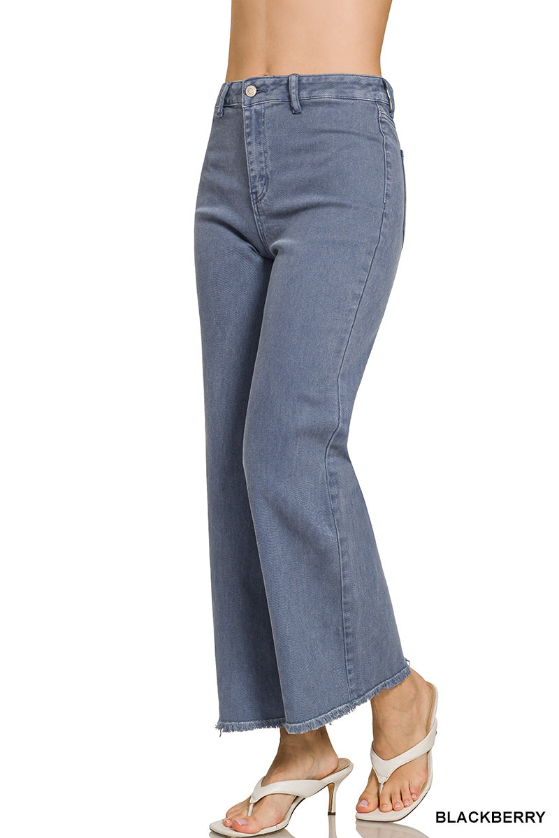 Zenana ACID WASHED FRAYED CUTOFF HEM STRAIGHT WIDE PANTS